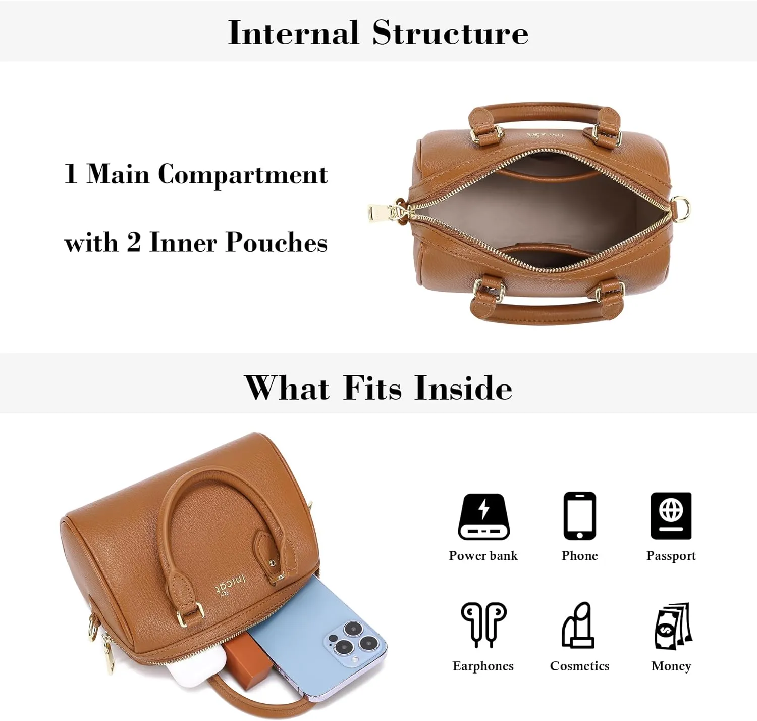 INICAT Mini Purse Small Satchel Top-Handle Handbag Boston Barrel Travel Bags for Women with Detachable Crossbody Strap