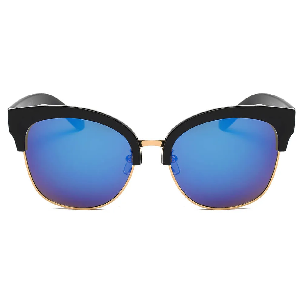 JENISON | Flat Mirrored Lens Clubmaster Horned Rim Sunglasses