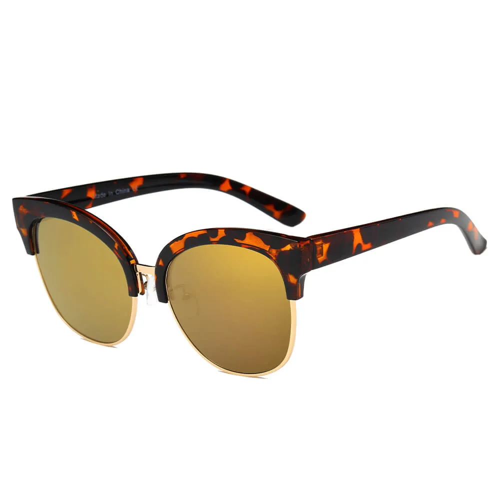 JENISON | Flat Mirrored Lens Clubmaster Horned Rim Sunglasses