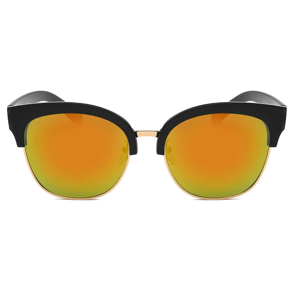JENISON | Flat Mirrored Lens Clubmaster Horned Rim Sunglasses