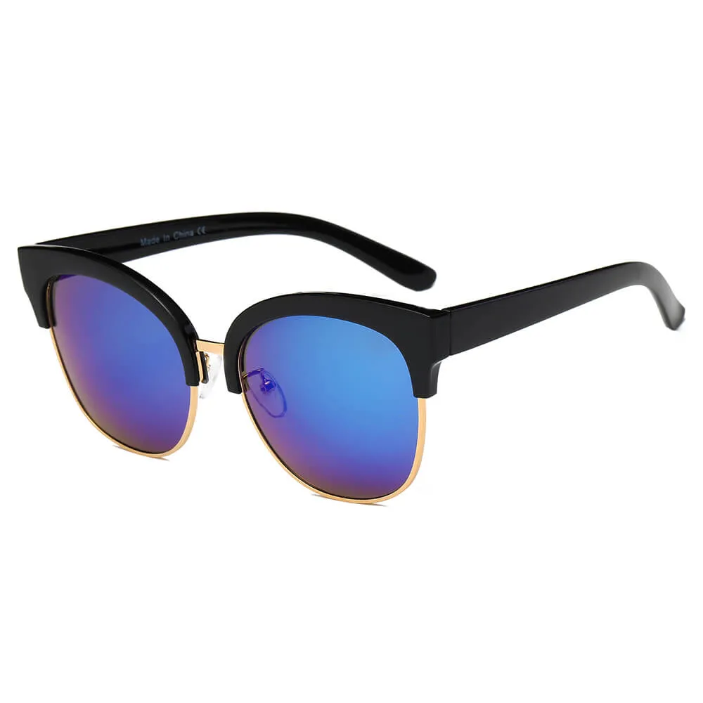 JENISON | Flat Mirrored Lens Clubmaster Horned Rim Sunglasses