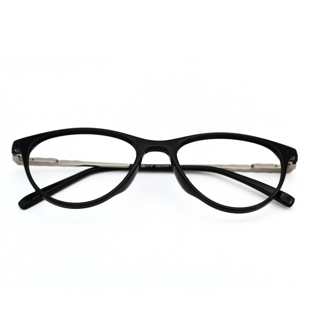 Jubleelens Stylish Oval Eyeglasses for Women - Glossy Black Silver Black126706