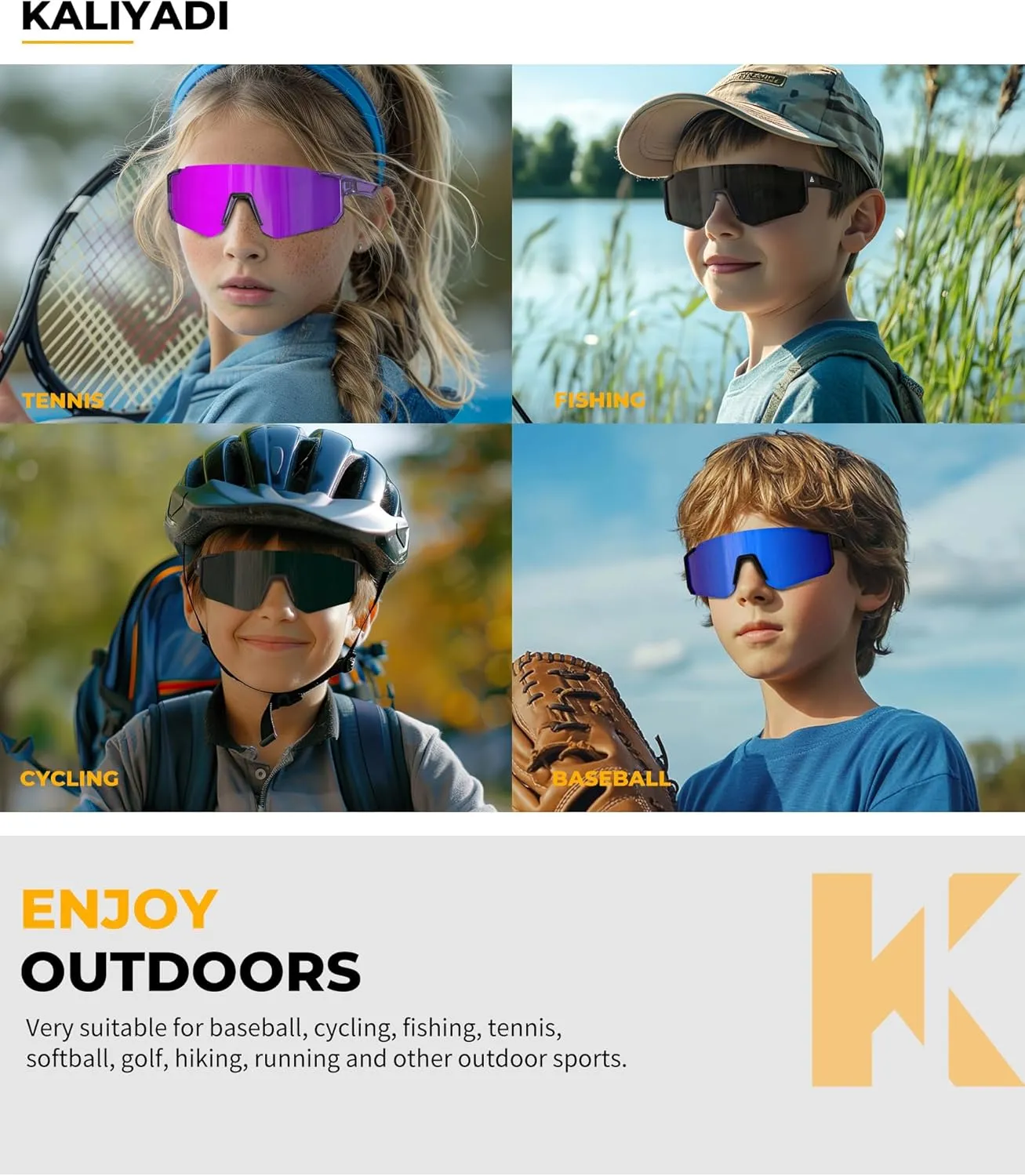 KALIYADI Kids-Sunglasses Youth Baseball Sunglasses: Boys Girls Sports Cycling Running Age 3-12 UV400 Protection