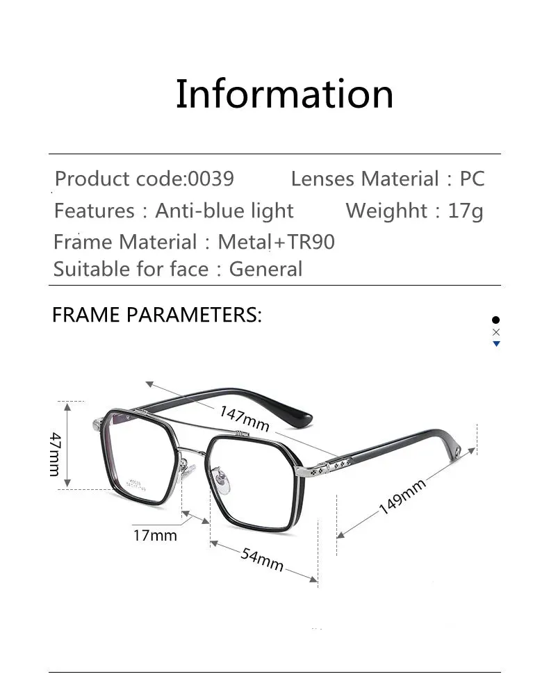 Kocolior Unisex Full Rim Square Acetate Double Bridge Titanium Eyeglasses 0039