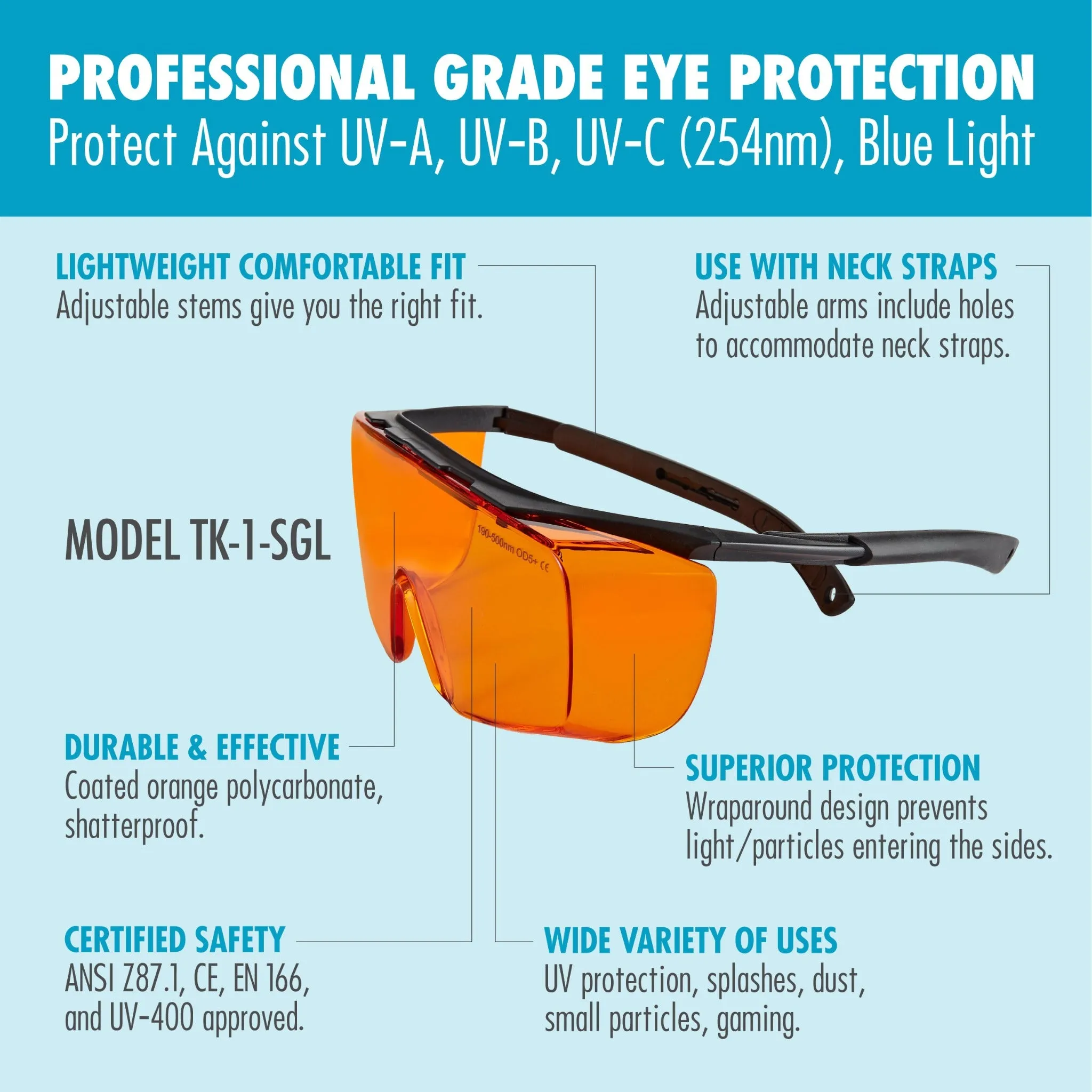 Large UV Light Safety Glasses – Yellow UVC Protective Goggles - EN166 ANSI Z87.1, CE – UV 400