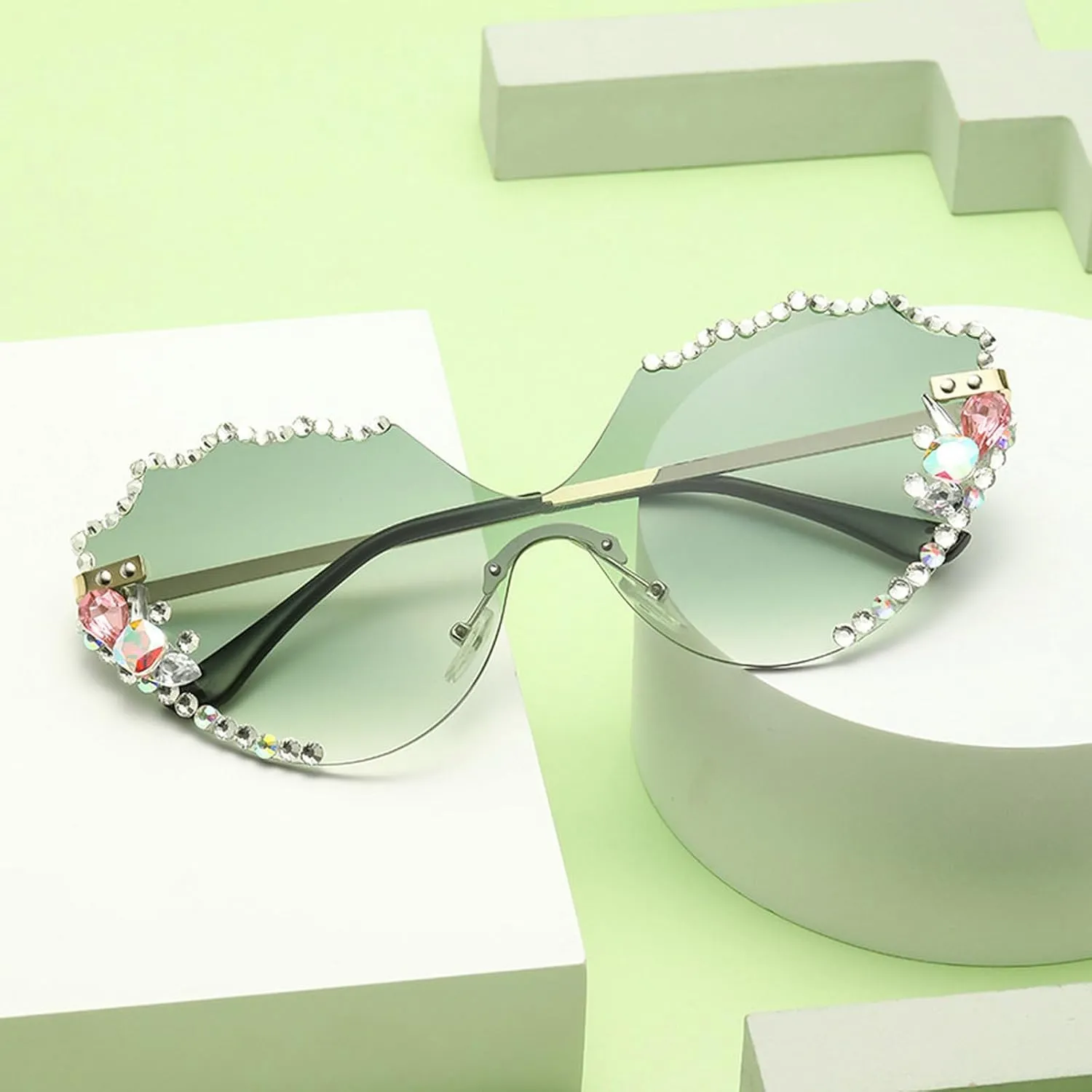 laureles Vintage Rhinestone Cat Eye Sunglasses for Women Bling Fashion Rimless Sun Glasses Men Shades Female