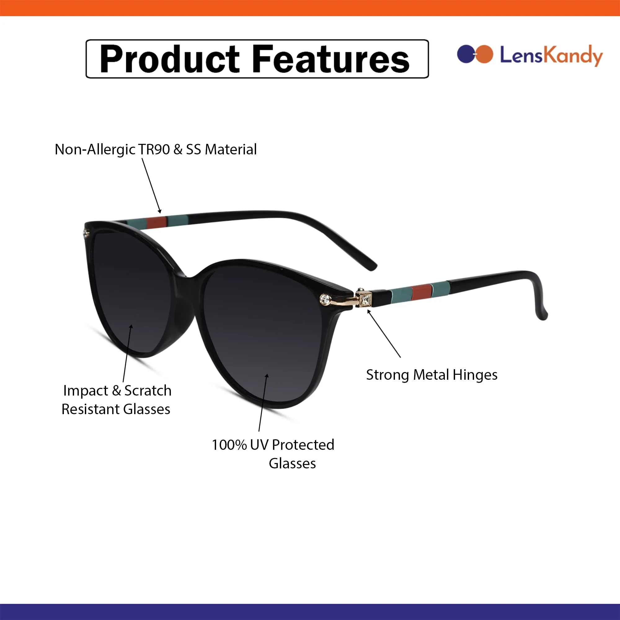 LensKandy Polarized & UV400 Protected Cateye Sunglasses for Women | 9055-Black