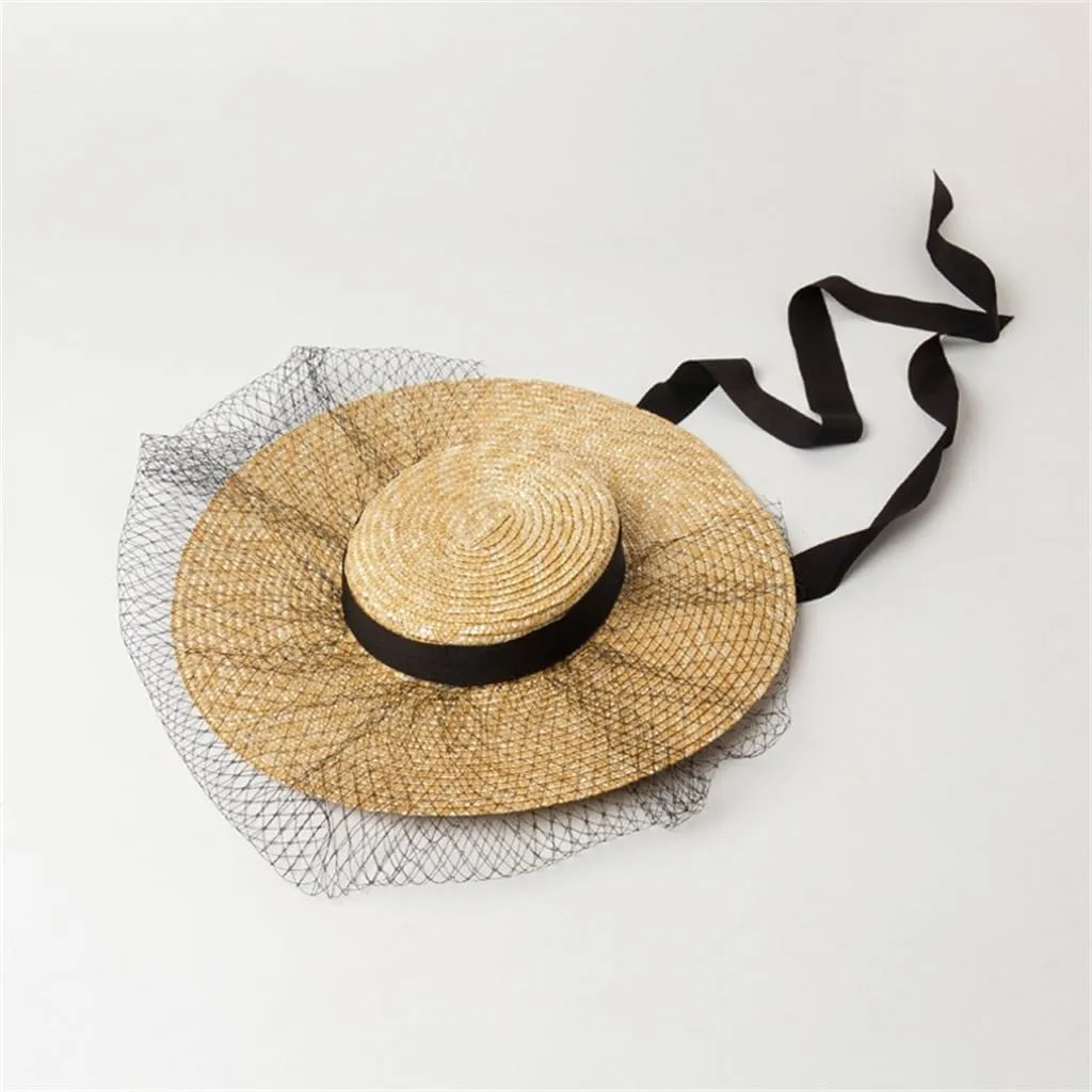 Light Flat Top Wide Brim Mesh Decoration Bowler Hat Shape with Flat Top Hat