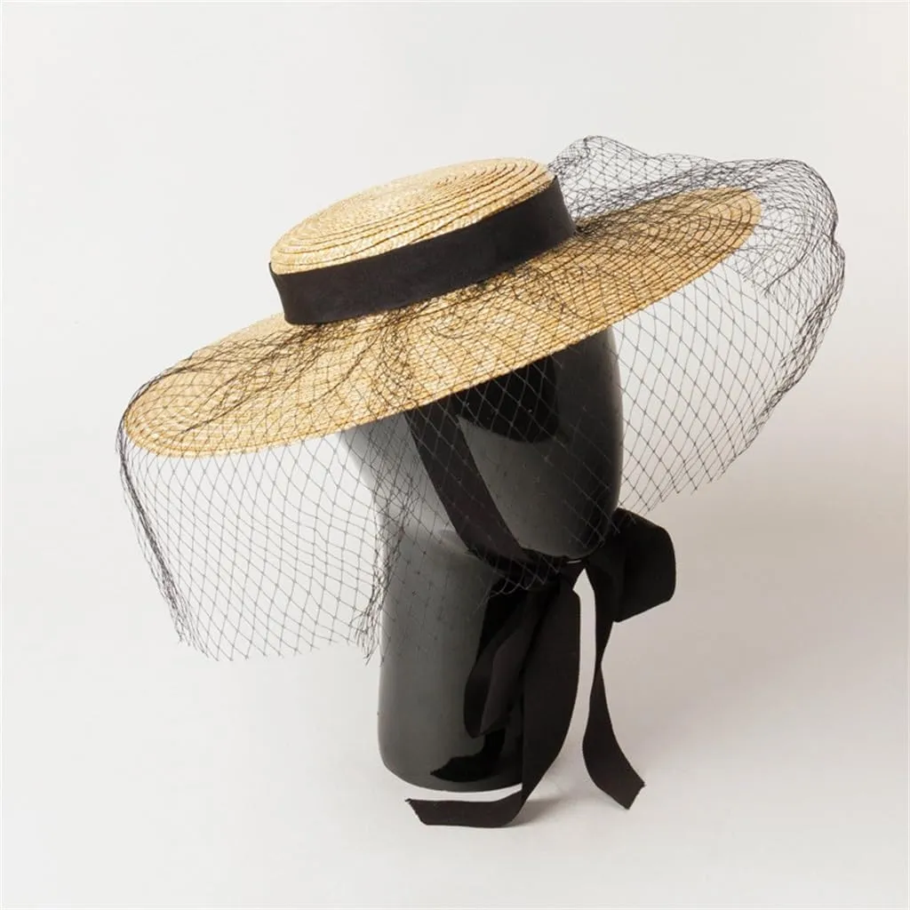 Light Flat Top Wide Brim Mesh Decoration Bowler Hat Shape with Flat Top Hat