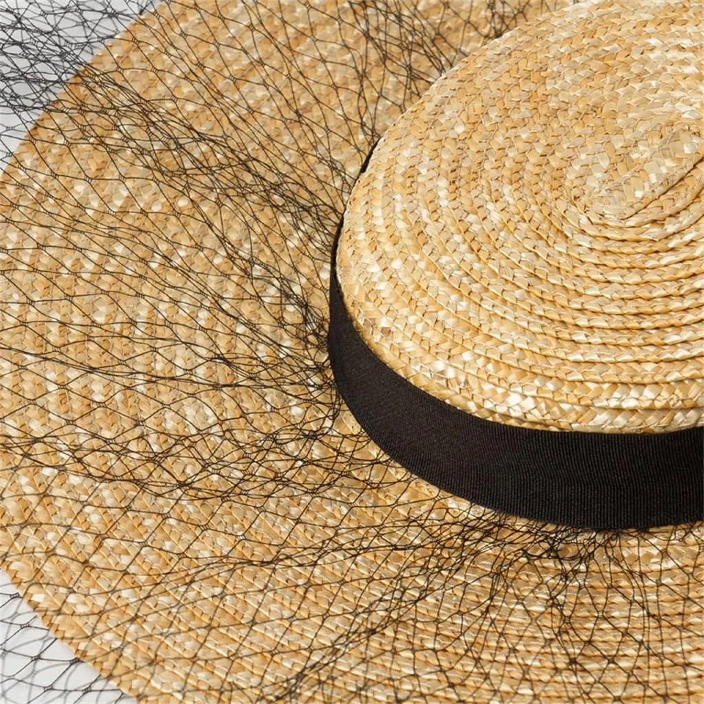 Light Flat Top Wide Brim Mesh Decoration Bowler Hat Shape with Flat Top Hat