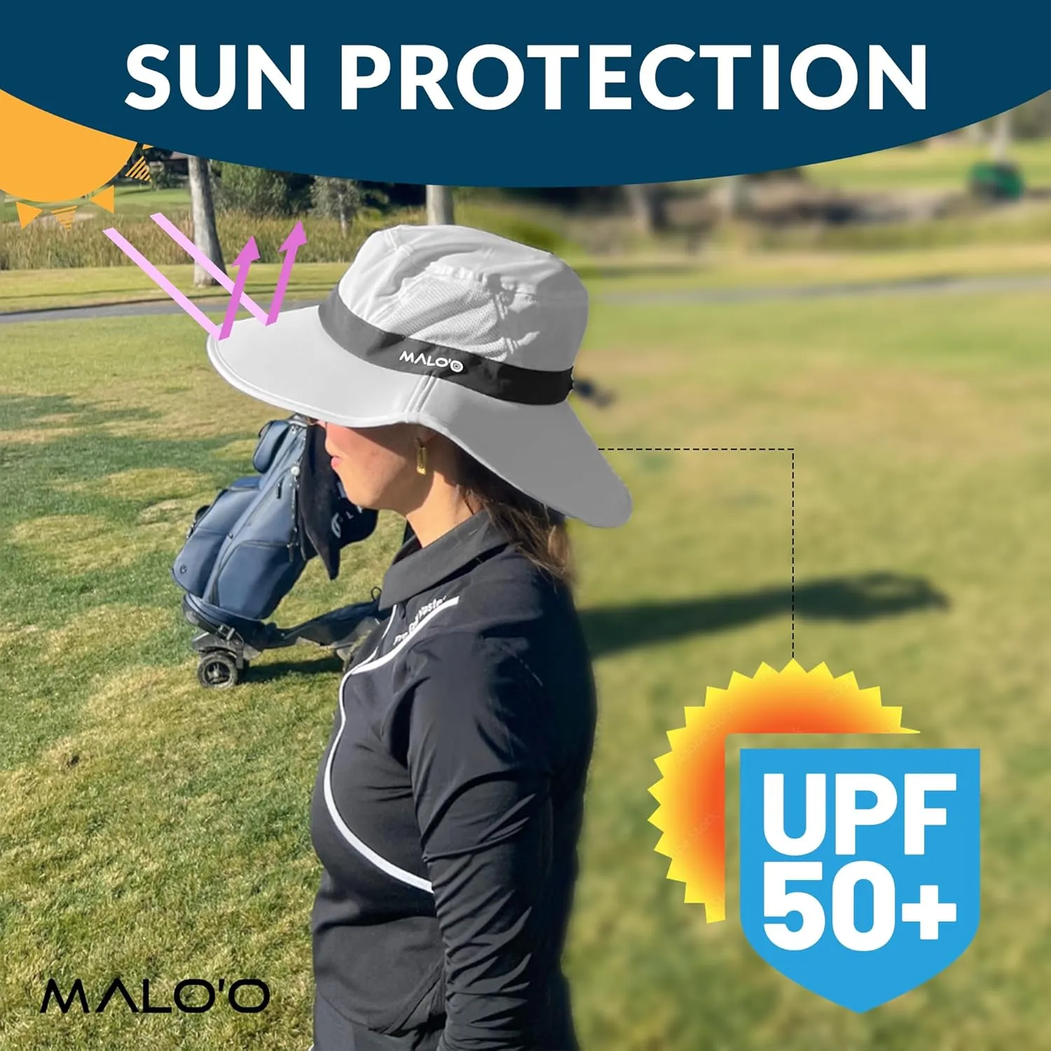 Malo'o Golf Hat with UPF 50  Protection, Adjustable Sizes, Comfortable Band, Anti-Glare Underbrim