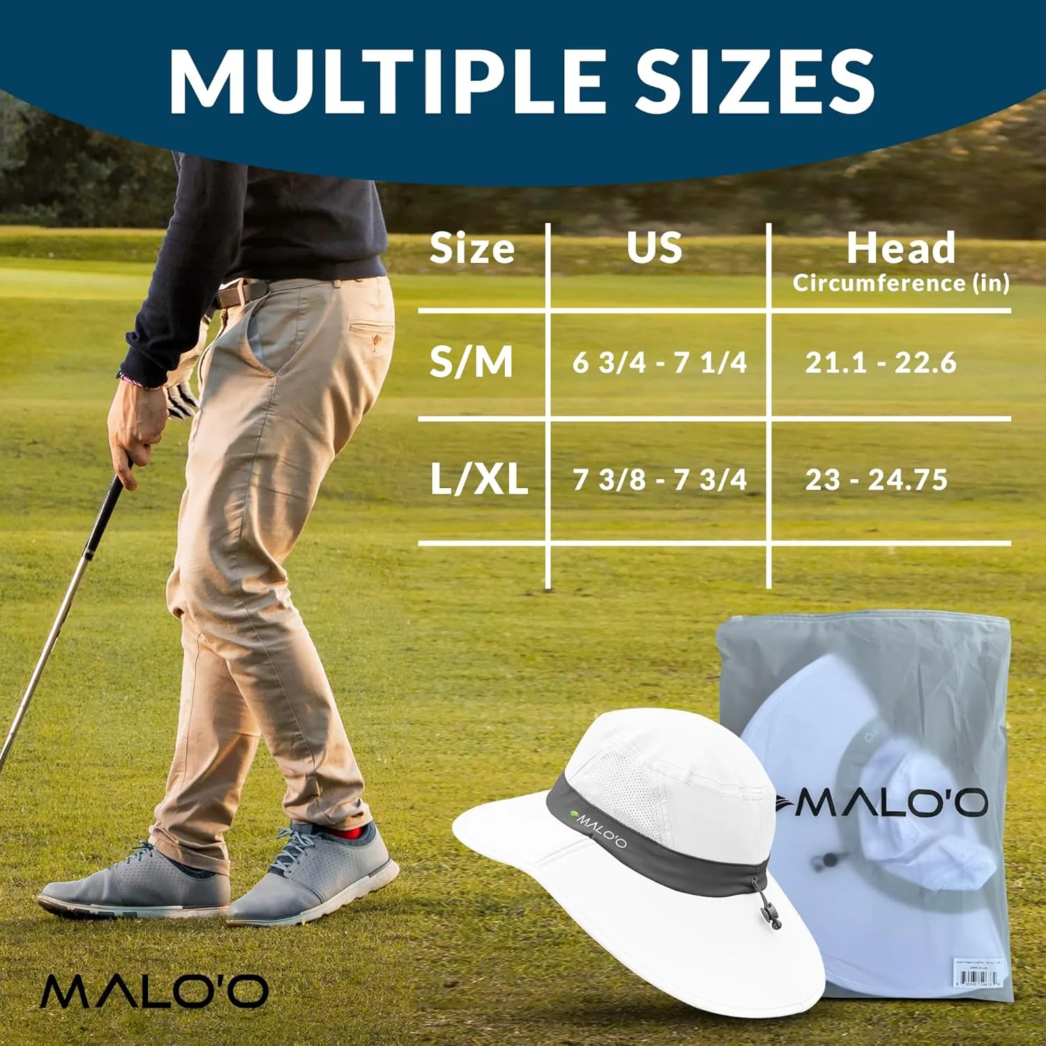 Malo'o Golf Hat with UPF 50  Protection, Adjustable Sizes, Comfortable Band, Anti-Glare Underbrim