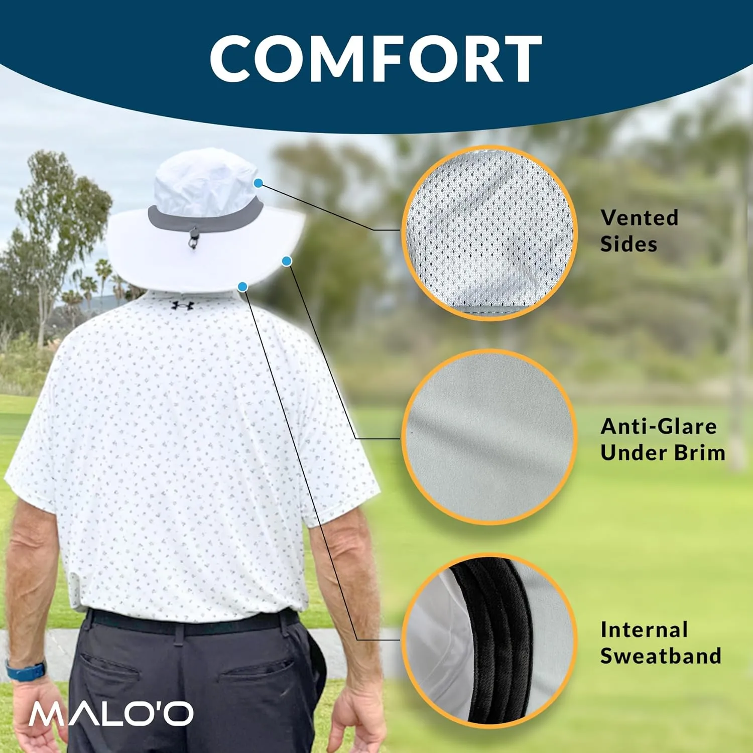 Malo'o Golf Hat with UPF 50  Protection, Adjustable Sizes, Comfortable Band, Anti-Glare Underbrim