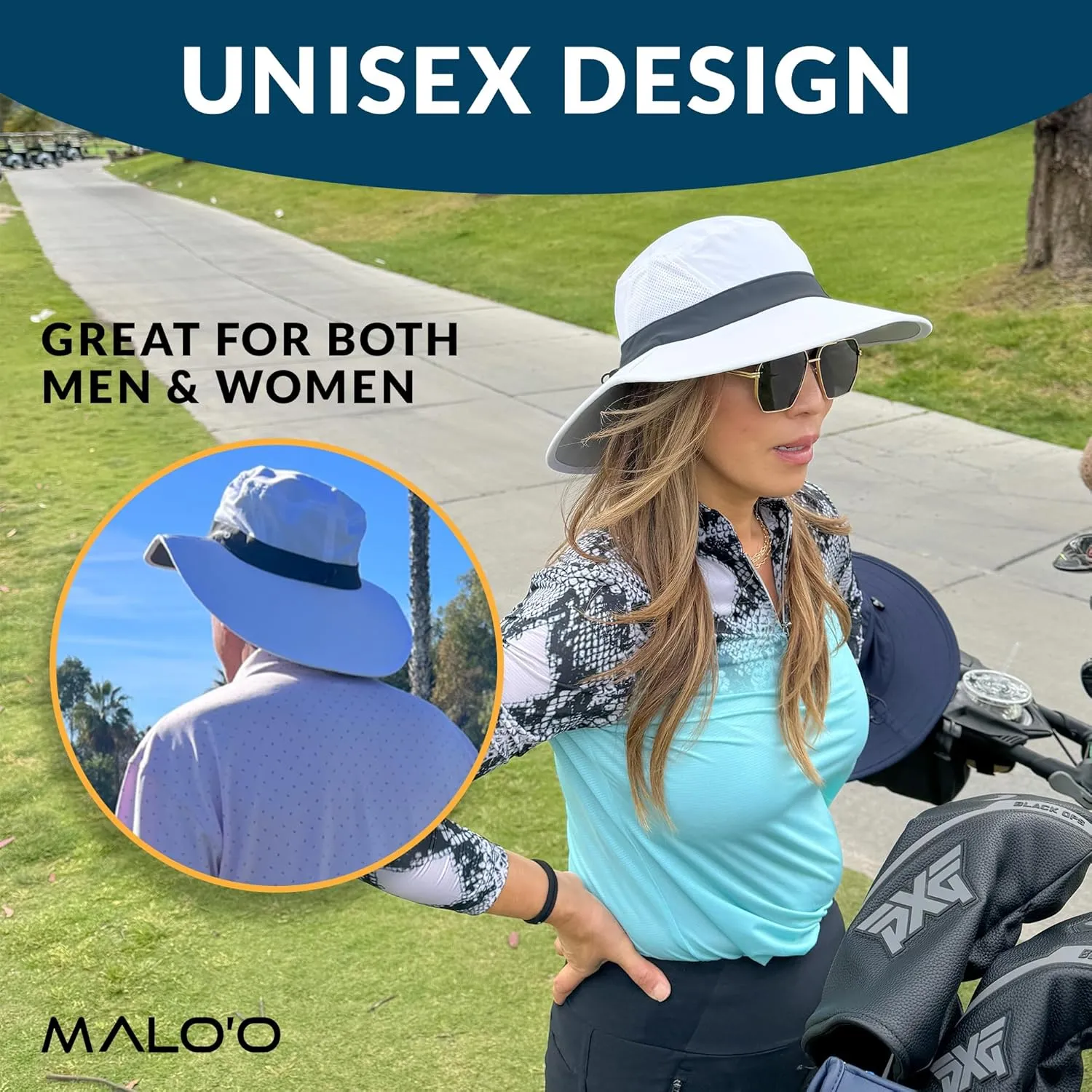 Malo'o Golf Hat with UPF 50  Protection, Adjustable Sizes, Comfortable Band, Anti-Glare Underbrim