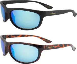 Martinique Polarized Sunglasses for Men or Women Sports Wraparound 2 Pairs Matte Black & Tortoise Frames w/Blue Mirror Lenses