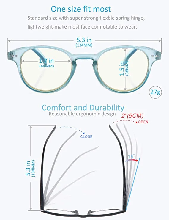 MODFANS Blue Light Shield Computer Reading Glasses 0.75 for Women Anti Blue Light UV Protection Classic Round Frame Low Color Lens