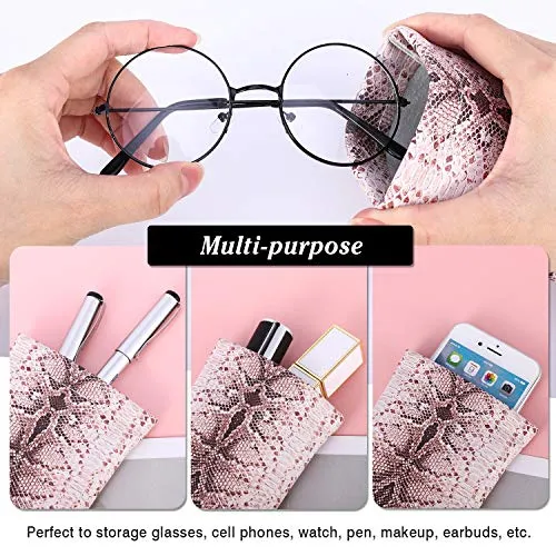 MoKo Squeeze Top Glasses Pouch (2 Pack), Portable Leather Soft Sunglasses Case Anti-Scratch Eyeglasses Bag Goggles Sleeve with Cleaning Cloth for Women Men, Black & Python Grain