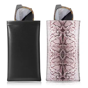 MoKo Squeeze Top Glasses Pouch (2 Pack), Portable Leather Soft Sunglasses Case Anti-Scratch Eyeglasses Bag Goggles Sleeve with Cleaning Cloth for Women Men, Black & Python Grain