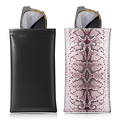 MoKo Squeeze Top Glasses Pouch (2 Pack), Portable Leather Soft Sunglasses Case Anti-Scratch Eyeglasses Bag Goggles Sleeve with Cleaning Cloth for Women Men, Black & Python Grain