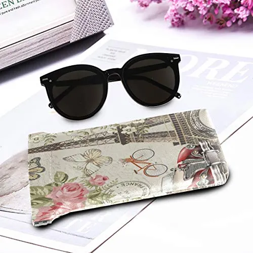 MOYYO Paris Eiffel Tower Vintage Car Eyeglass Pouch Squeeze Top Portable Sunglasses Bag Pouch PU Leather Eyeglass Goggles Case Cosmetic Holders Mulituse for Women Girl