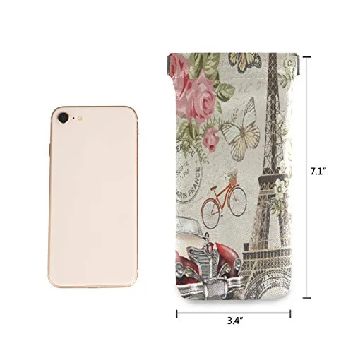 MOYYO Paris Eiffel Tower Vintage Car Eyeglass Pouch Squeeze Top Portable Sunglasses Bag Pouch PU Leather Eyeglass Goggles Case Cosmetic Holders Mulituse for Women Girl
