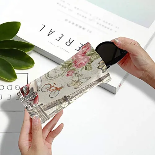 MOYYO Paris Eiffel Tower Vintage Car Eyeglass Pouch Squeeze Top Portable Sunglasses Bag Pouch PU Leather Eyeglass Goggles Case Cosmetic Holders Mulituse for Women Girl