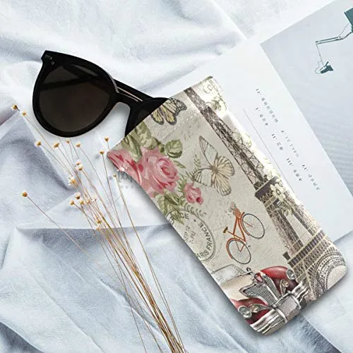MOYYO Paris Eiffel Tower Vintage Car Eyeglass Pouch Squeeze Top Portable Sunglasses Bag Pouch PU Leather Eyeglass Goggles Case Cosmetic Holders Mulituse for Women Girl