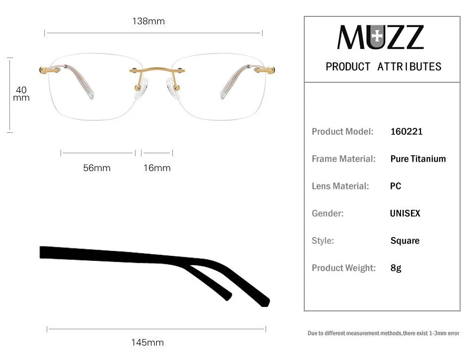 Muzz Men's Rimless Square Titanium Frame Eyeglasses 160221