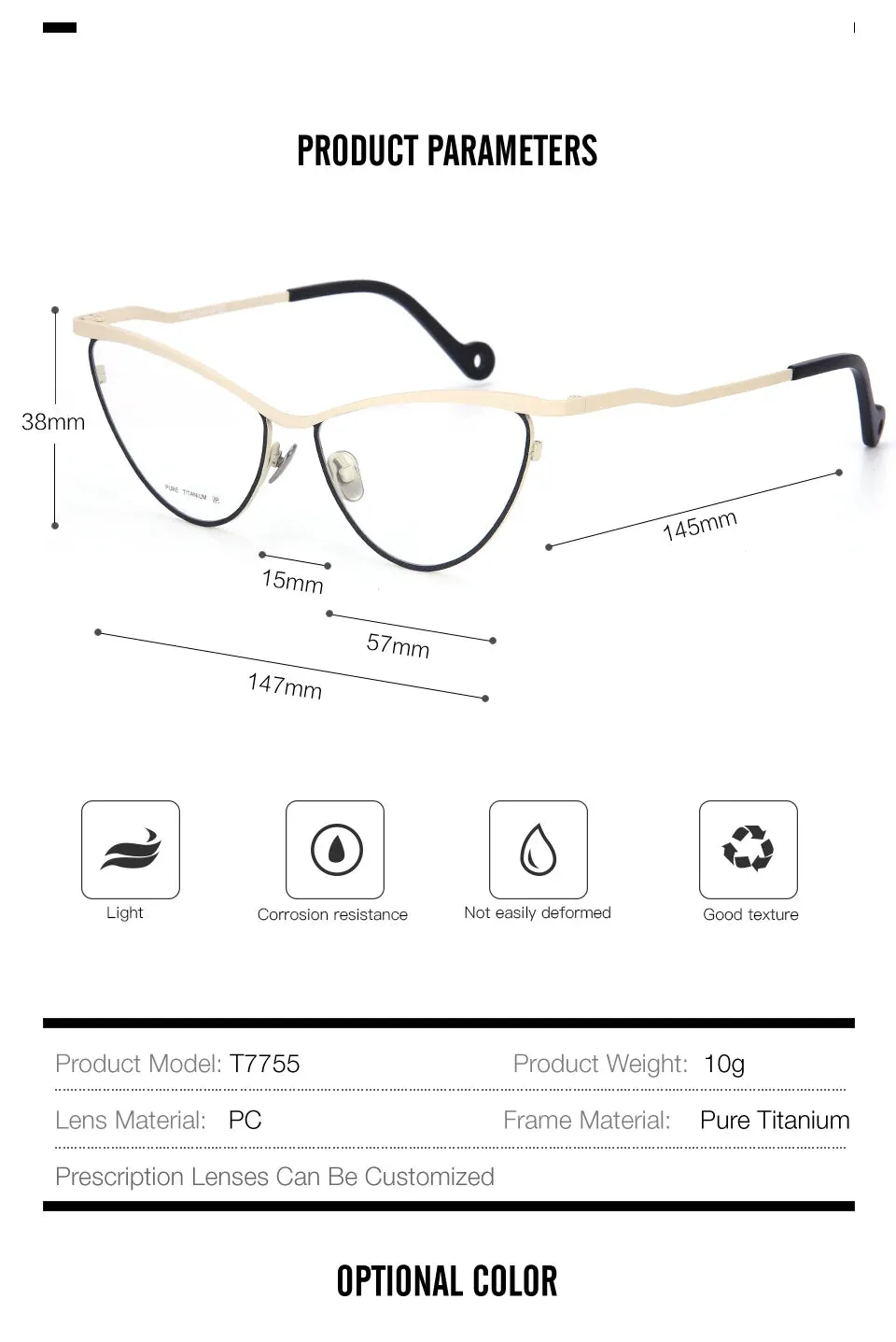 Muzz Women's Full Rim Large Cat Eye Titanium Eyeglasses 7755