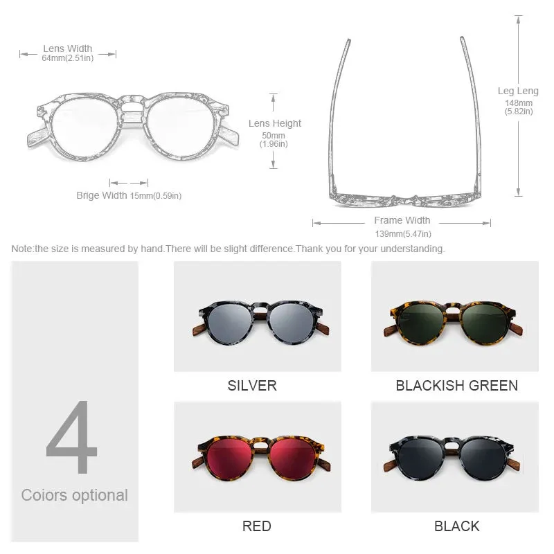 Oi Wood Sunglasses Women Men's Sun Glasses Walnut Wood Round Red Lens Tortoise Shell Frames