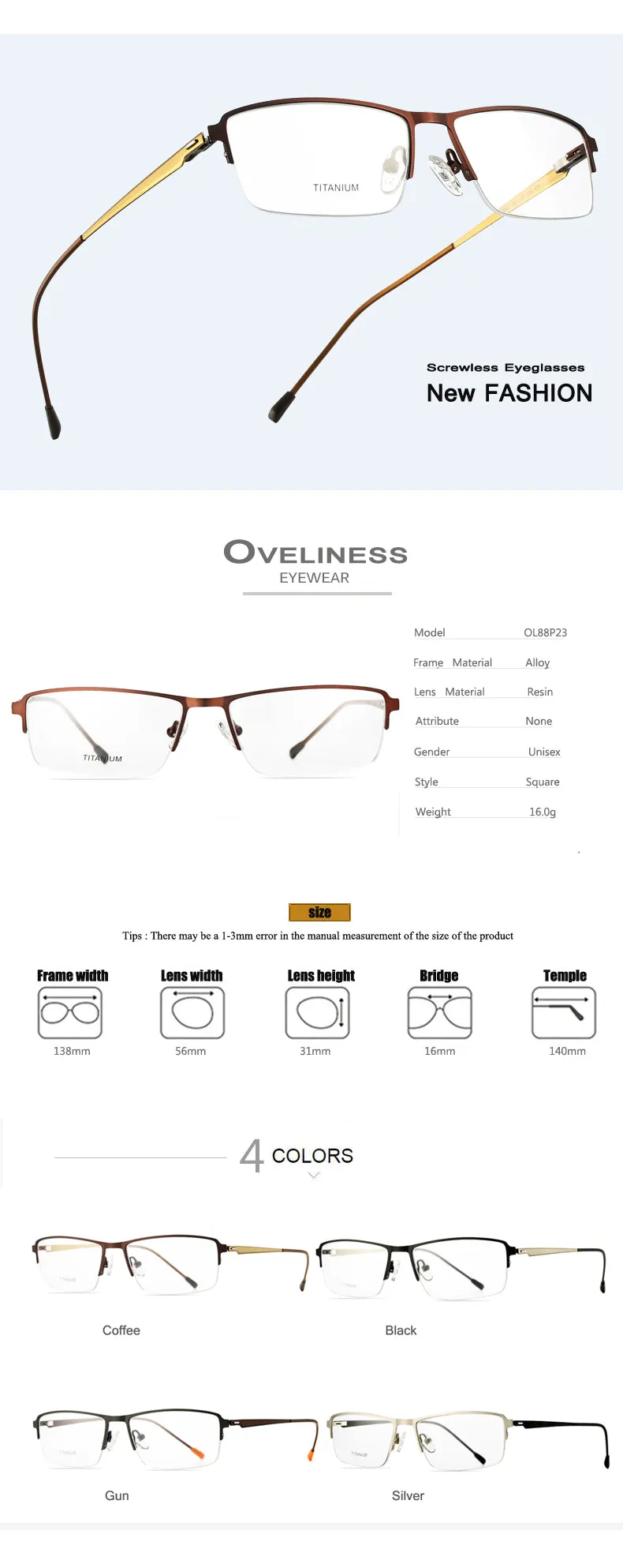 Oveliness Men's Semi Rim Square Screwless Titanium Alloy Eyeglasses