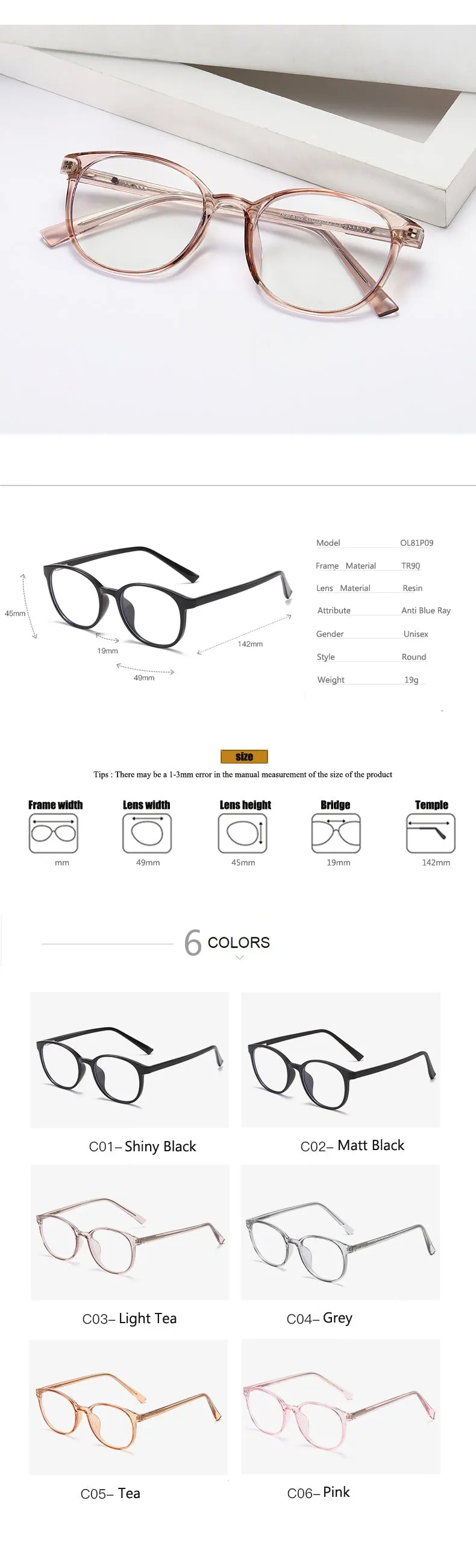 Oveliness Unisex Full Rim Round Square Tr 90 Titanium Eyeglasses 8109