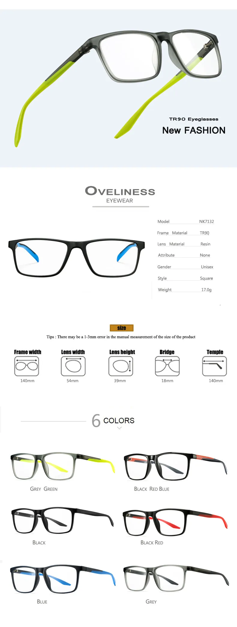 Oveliness Unisex Full Rim Square Tr 90 Titanium Eyeglasses Ol71p32