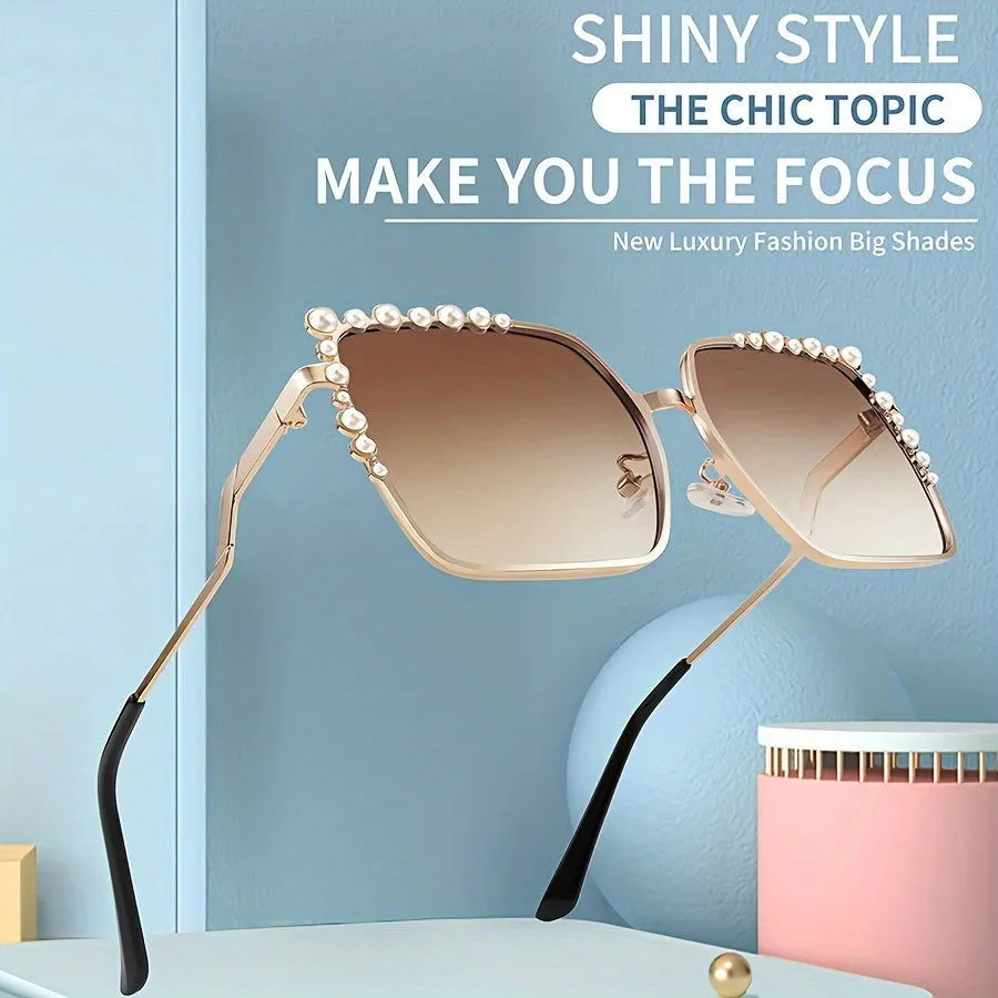 Oversized Square Faux Pearls Frames Gradient Sunglasses