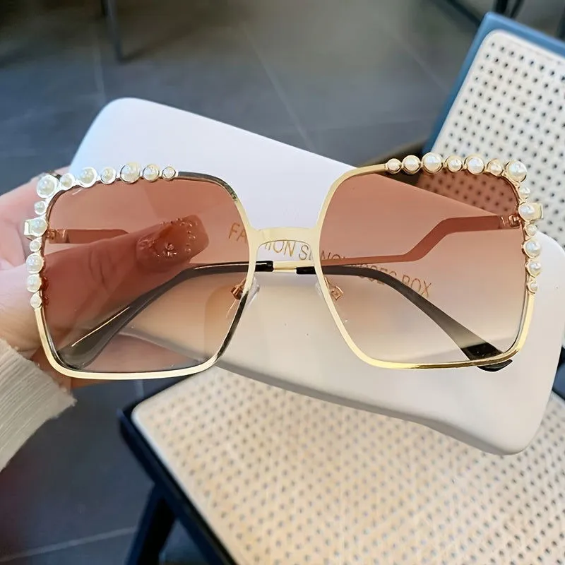 Oversized Square Faux Pearls Frames Gradient Sunglasses