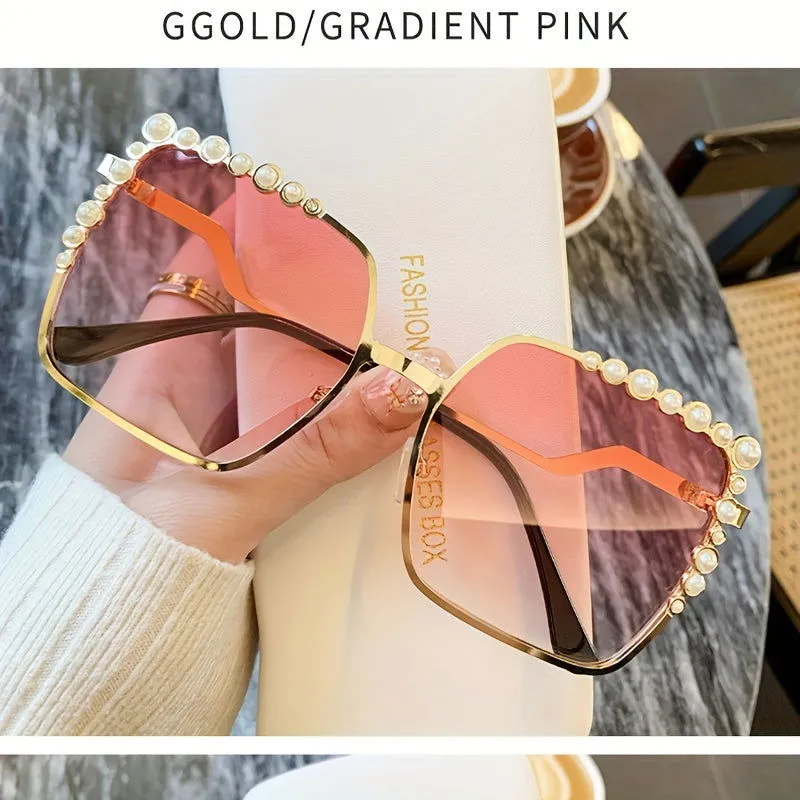 Oversized Square Faux Pearls Frames Gradient Sunglasses