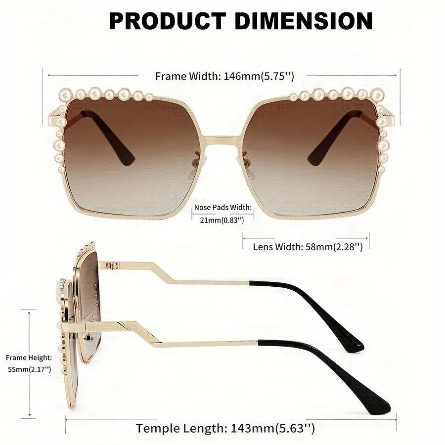 Oversized Square Faux Pearls Frames Gradient Sunglasses