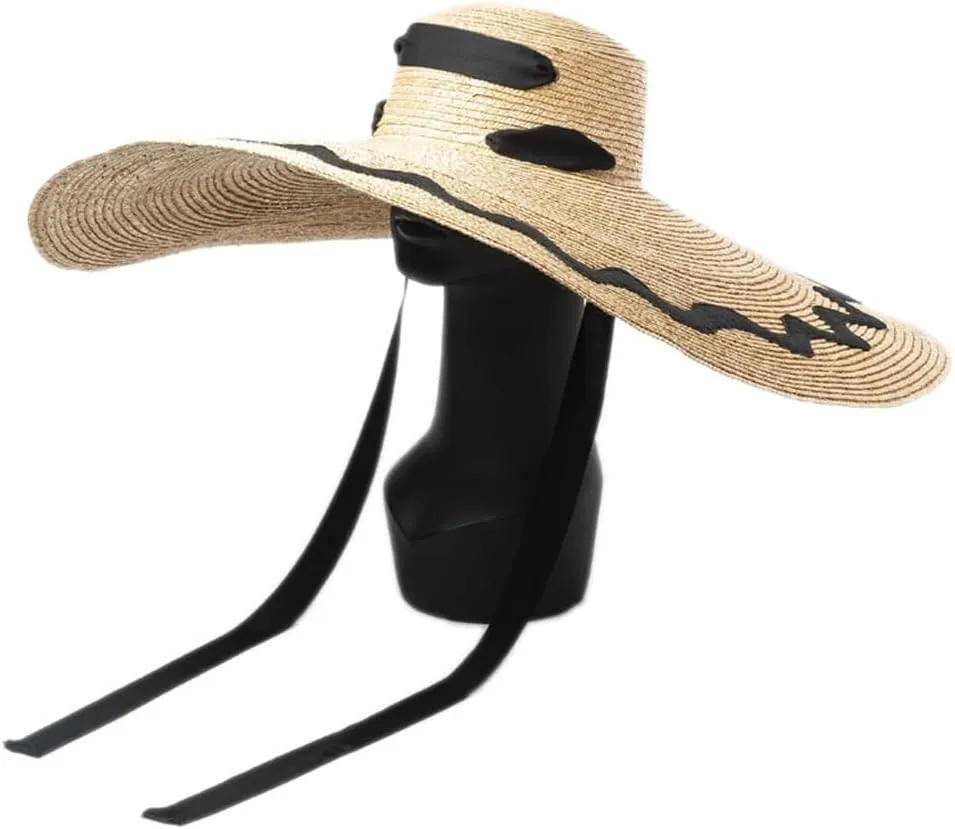 Patch Decoration Large Brim Straps Flat Top Hat Walking Hat