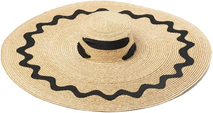 Patch Decoration Large Brim Straps Flat Top Hat Walking Hat
