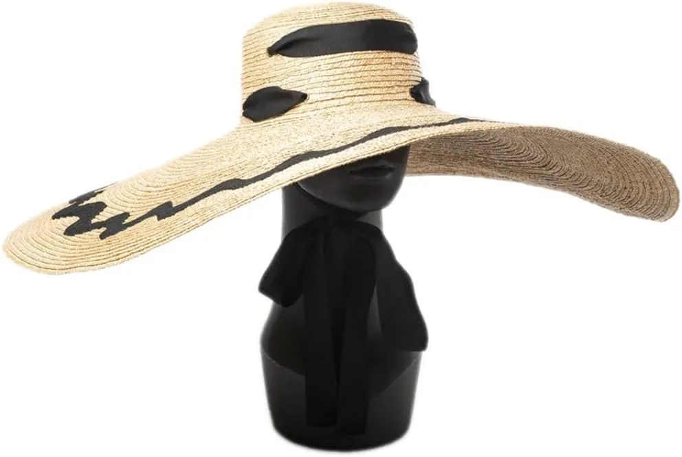 Patch Decoration Large Brim Straps Flat Top Hat Walking Hat