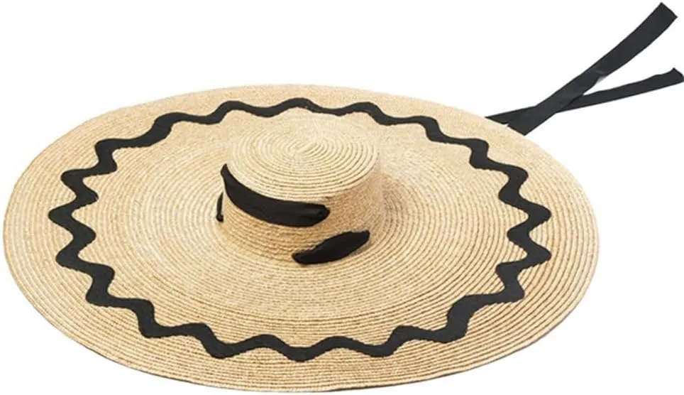 Patch Decoration Large Brim Straps Flat Top Hat Walking Hat