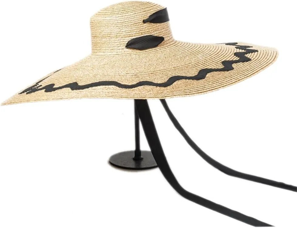 Patch Decoration Large Brim Straps Flat Top Hat Walking Hat