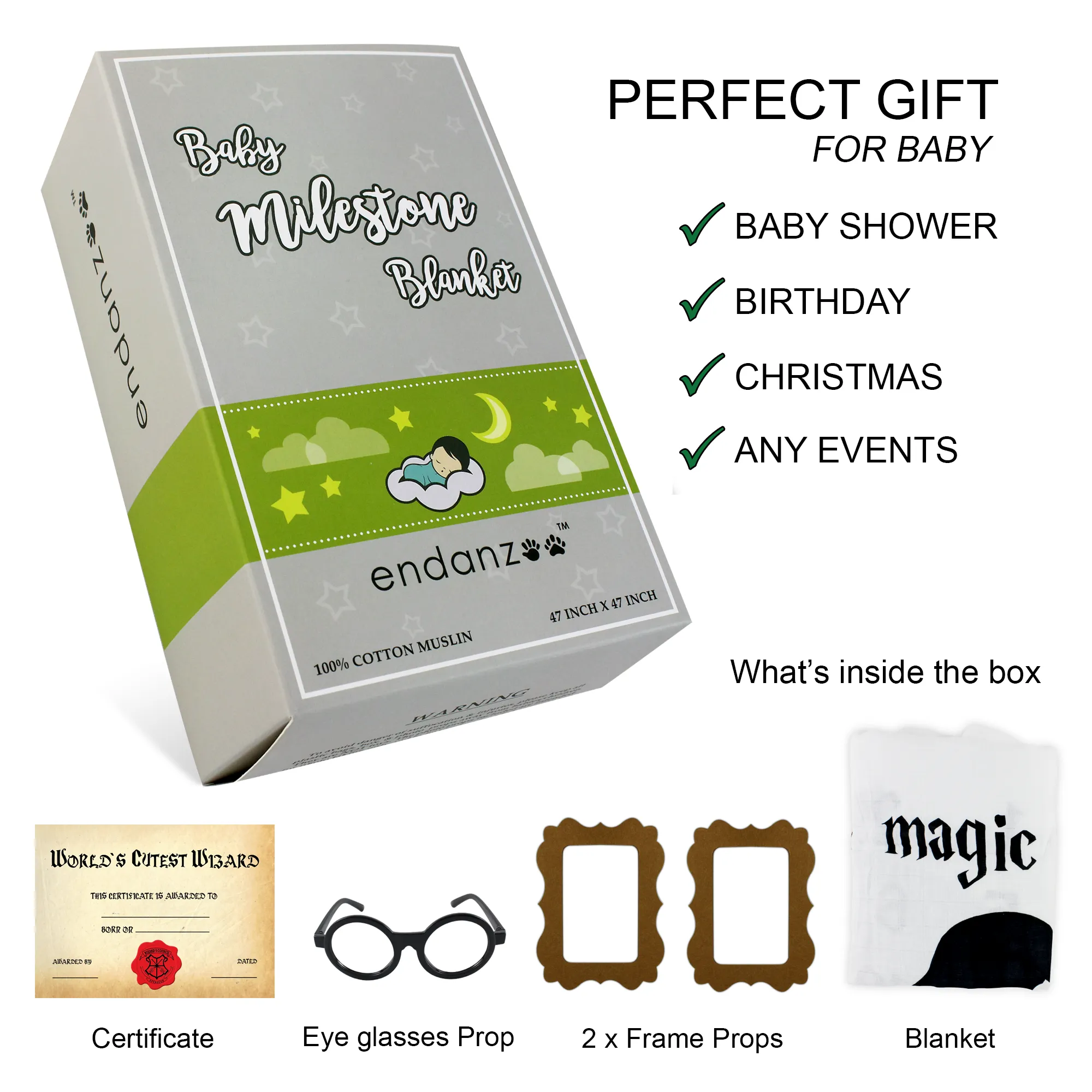 [Personalized] Endanzoo Baby Monthly Milestone Muslin Swaddle Blanket (Magician)