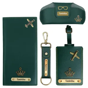 Personalized Green Travel Set: Sunglasses Case, Luggage Tag, Passport Cover & Keychain