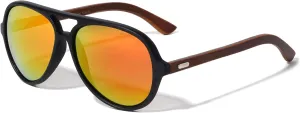 Polarized Color Mirror Wood Flat Top Round Aviator Stud Temple Sunglasses
