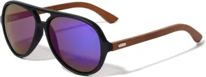 Polarized Color Mirror Wood Flat Top Round Aviator Stud Temple Sunglasses