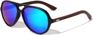 Polarized Color Mirror Wood Flat Top Round Aviator Stud Temple Sunglasses