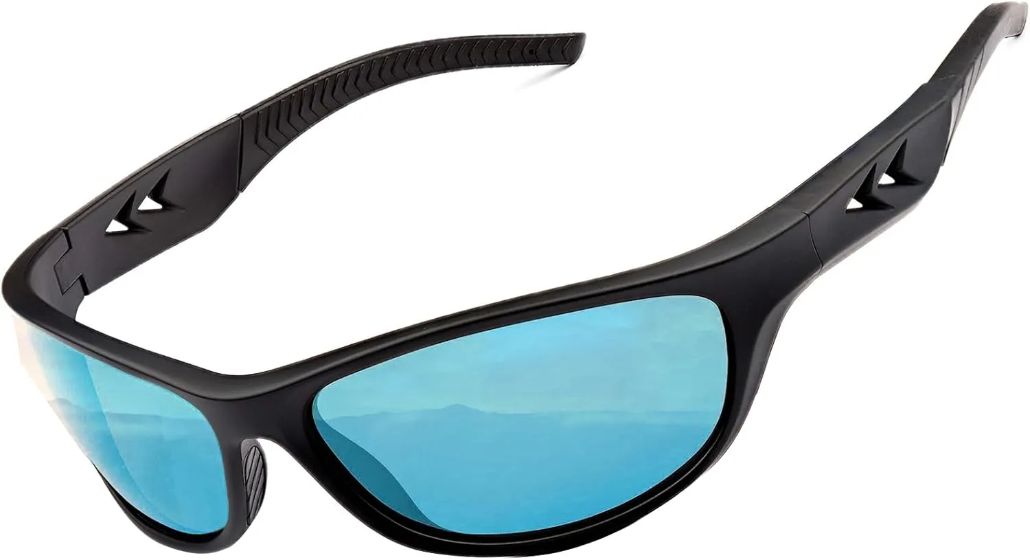 Polarized Sports Sunglasses for Men & Women – UV400 Protection Anti-Glare HD Tinted Sunglasses for Cycling, Running, Beach Days, and Outdoor Activities (Matte Black Frame Blue Lens)