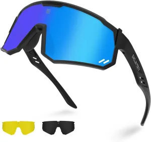 Polarized Sports Sunglasses for Men Women,UV400 Sports Windproof Cycling Sunglasses with 3 Interchangeable Lenses