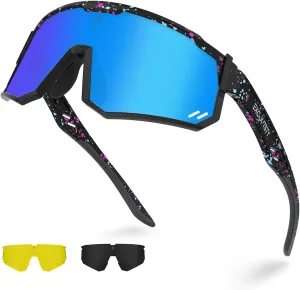 Polarized Sports Sunglasses for Men Women,UV400 Sports Windproof Cycling Sunglasses with 3 Interchangeable Lenses